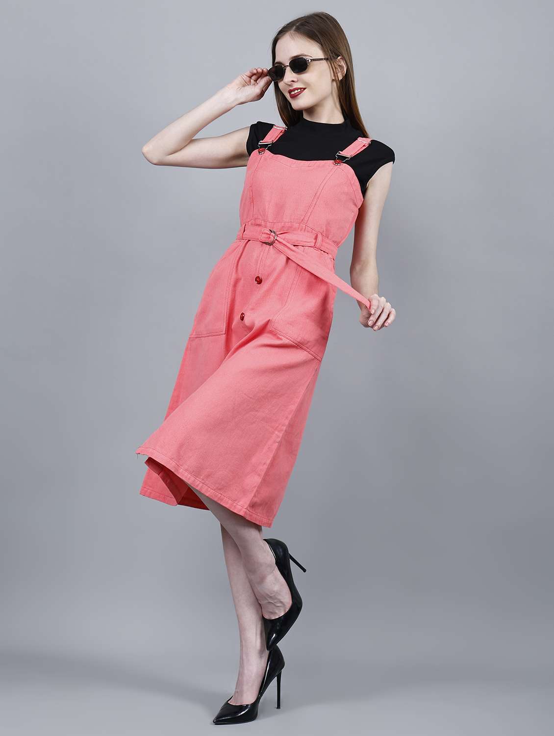 women solid shoulder strap dungaree dress