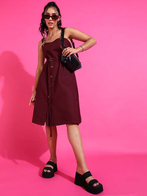 women solid shoulder strap dungaree dress - 22004915 -  Standard Image - 0