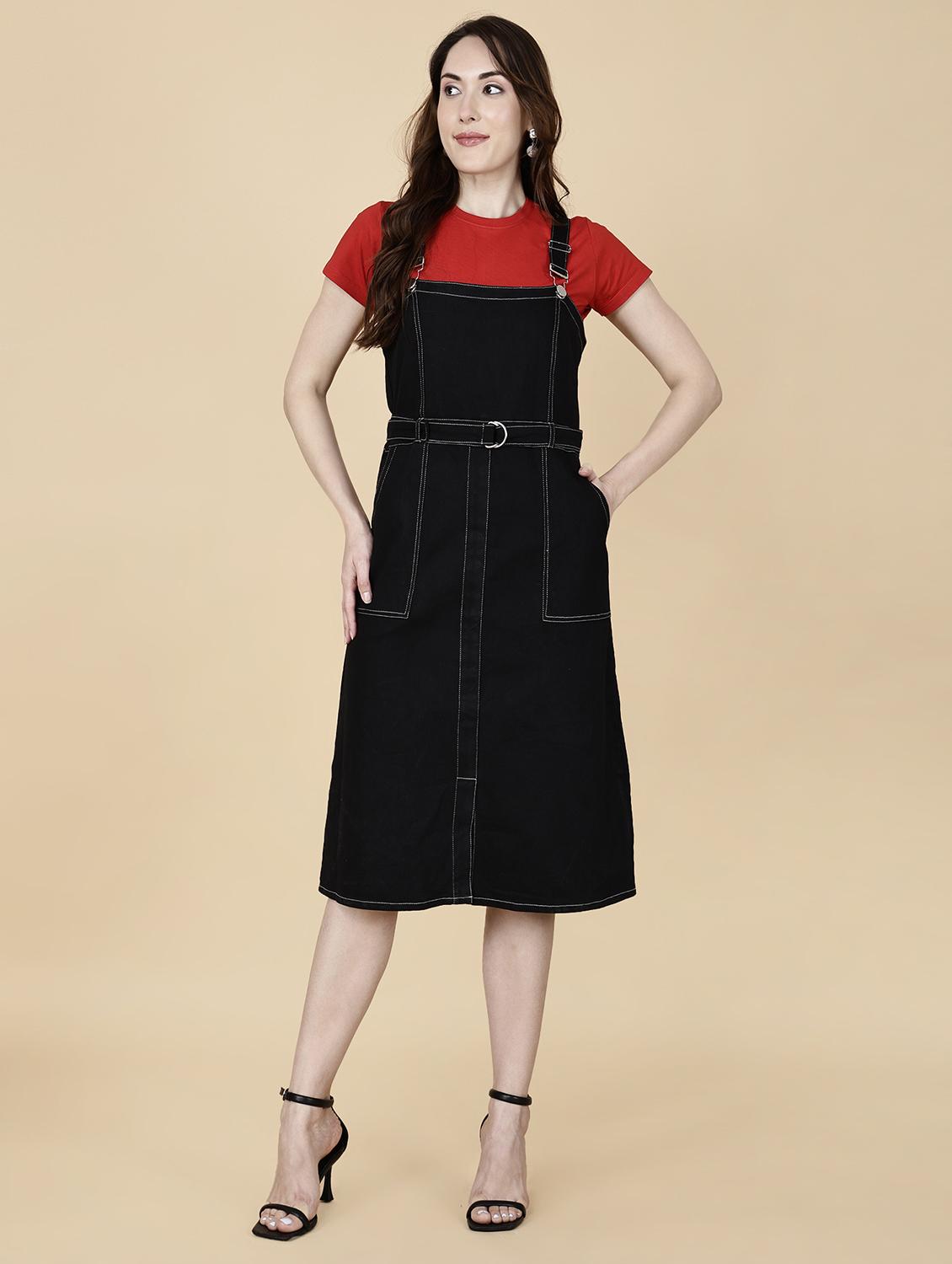 women solid shoulder strap dungaree dress - 22004917 - Standard Image - 2
