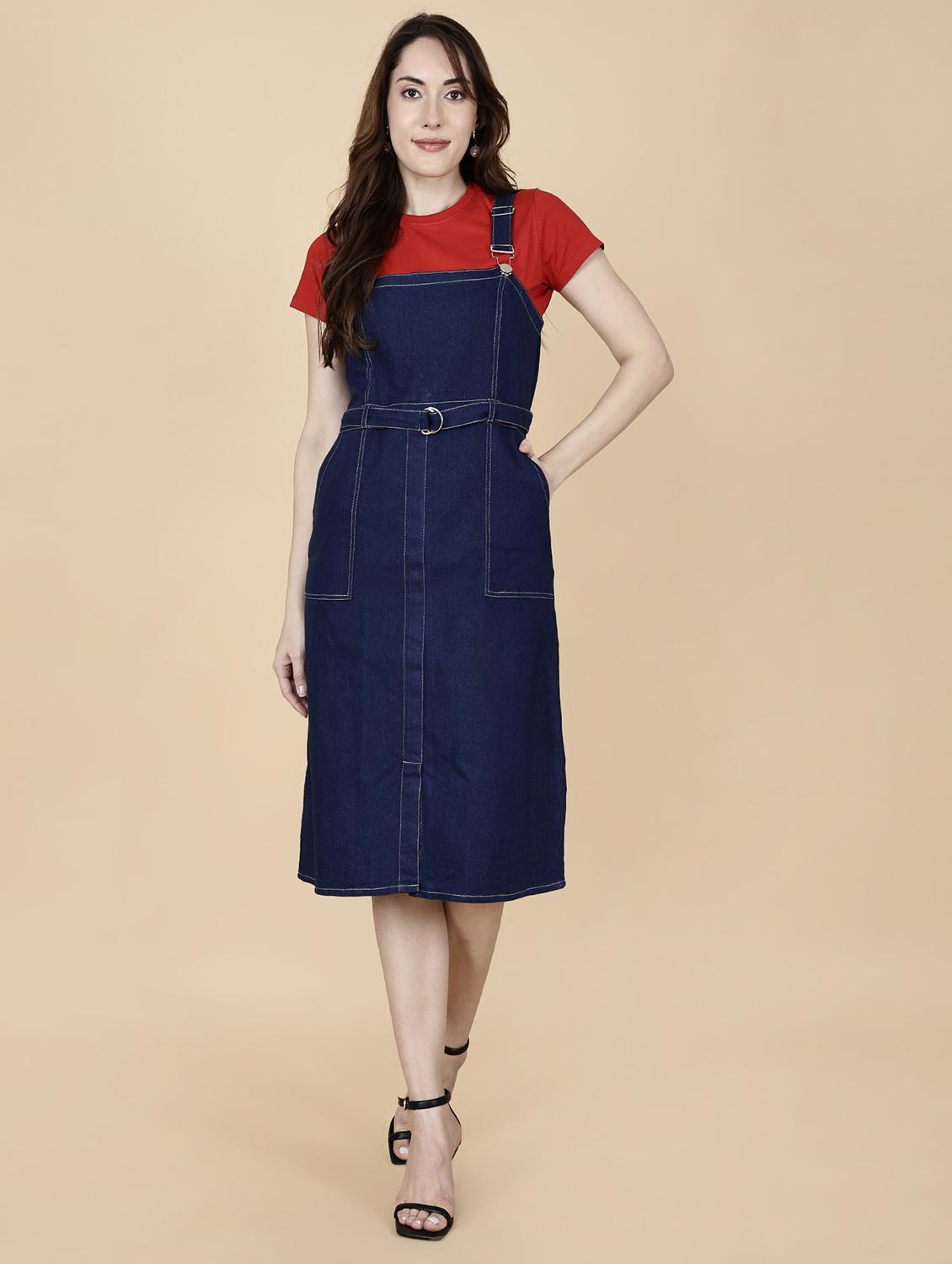 women solid shoulder strap denim dungaree dress - 22004918 - Standard Image - 2
