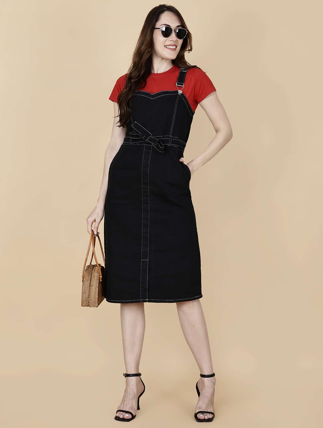 women solid shoulder strap denim dungaree dress