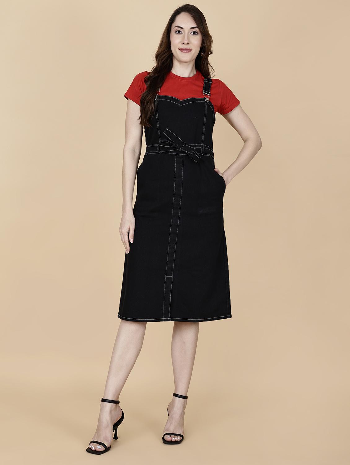 women solid shoulder strap denim dungaree dress - 22004919 - Standard Image - 2