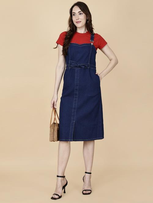 women solid shoulder strap denim dungaree dress - 22004920 - Standard Image - 0