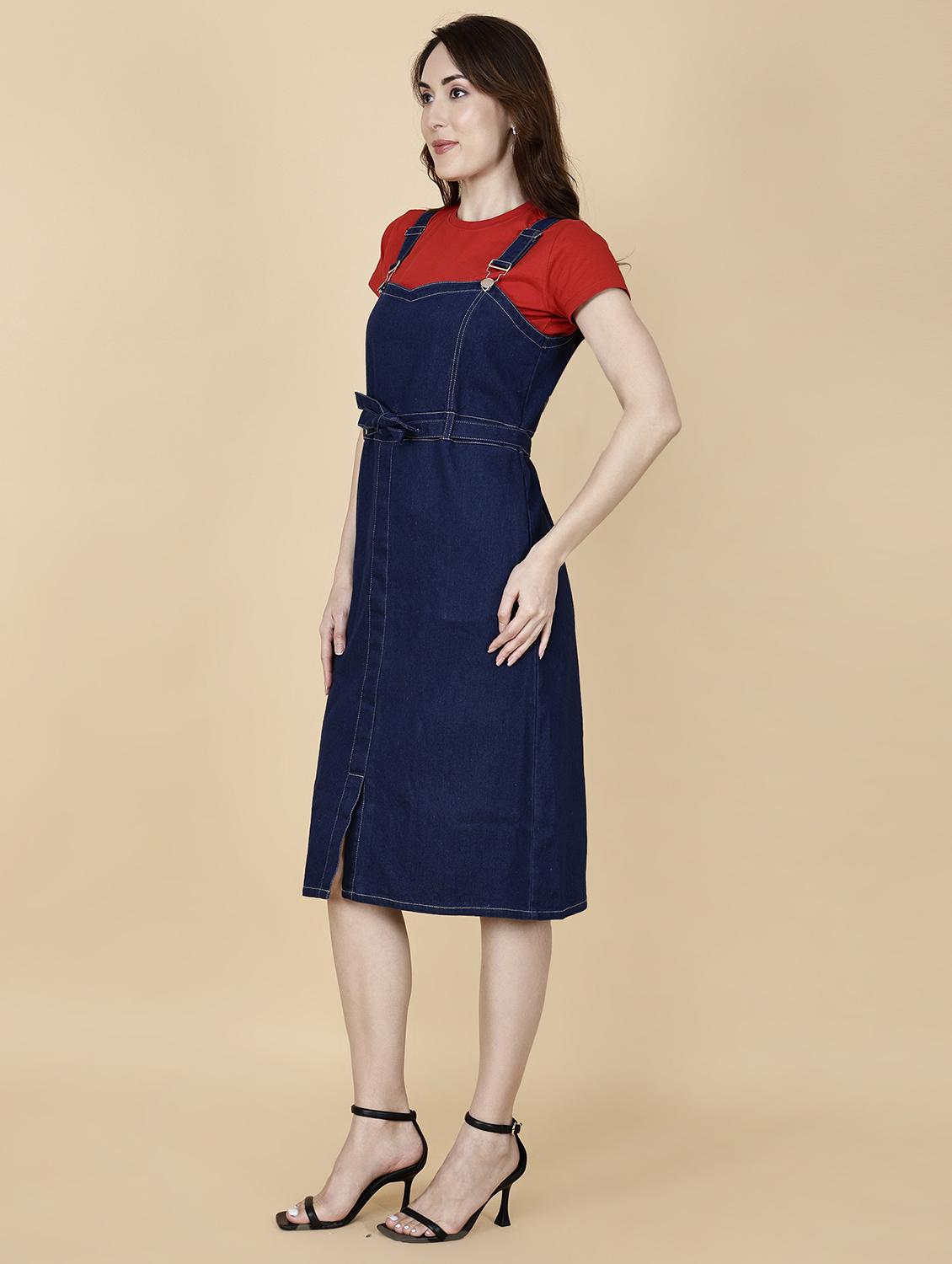 women solid shoulder strap denim dungaree dress - 22004920 - Standard Image - 2