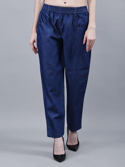 women solid mid rise denim tailored pants - 22004927 - Standard Image - 0
