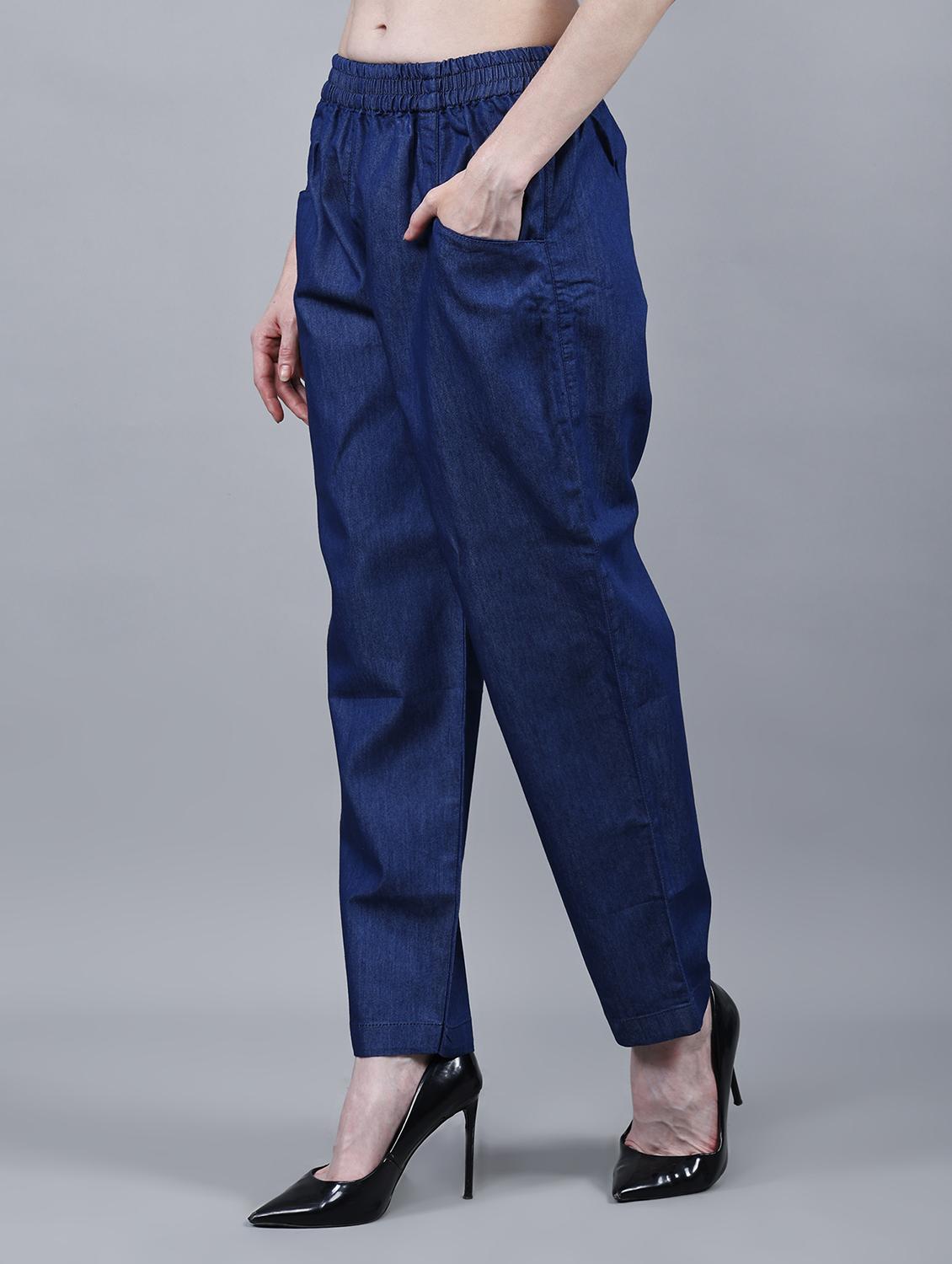women solid mid rise denim tailored pants - 22004927 - Standard Image - 2