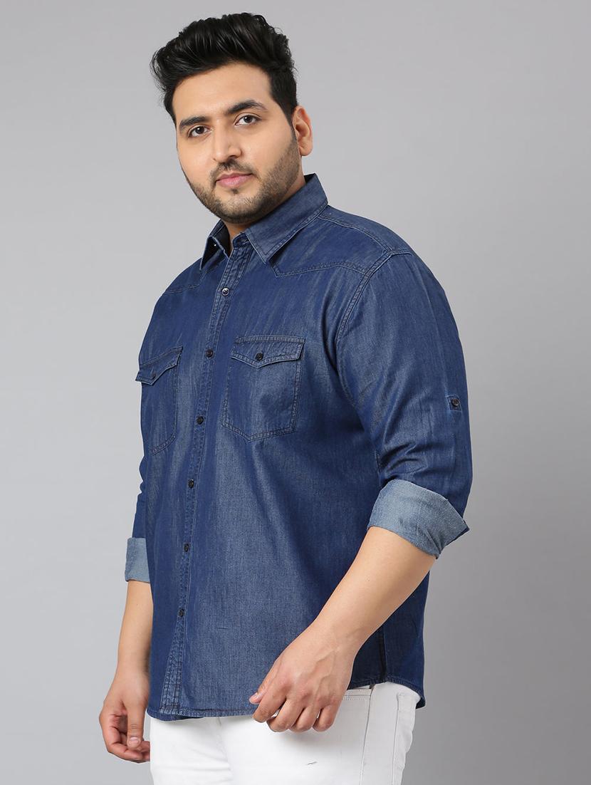 men plus size solid long sleeve regular fit denim casual shirt - 22004929 - Standard Image - 2