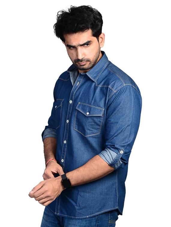 men solid long sleeve regular fit denim casual shirt - 22004930 - Standard Image - 2