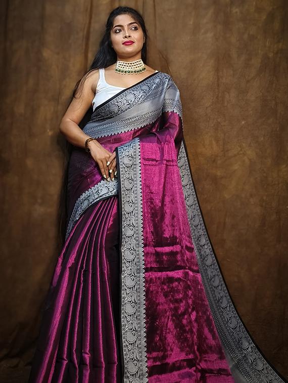 women solid with bordered saree with blouse - 22004977 - Standard Image - 2