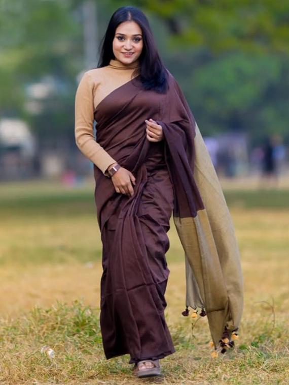 women solid handloom saree with blouse - 22004993 - Standard Image - 2