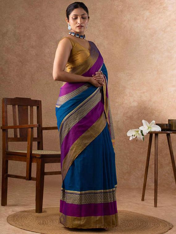 women solid with bordered handloom saree with blouse - 22004995 - Standard Image - 2