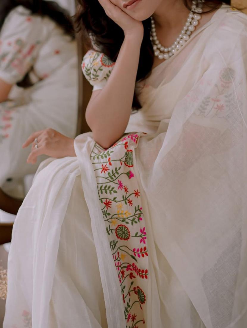 women white embroidered boardered handloom saree with blouse - 22004999 - Standard Image - 2