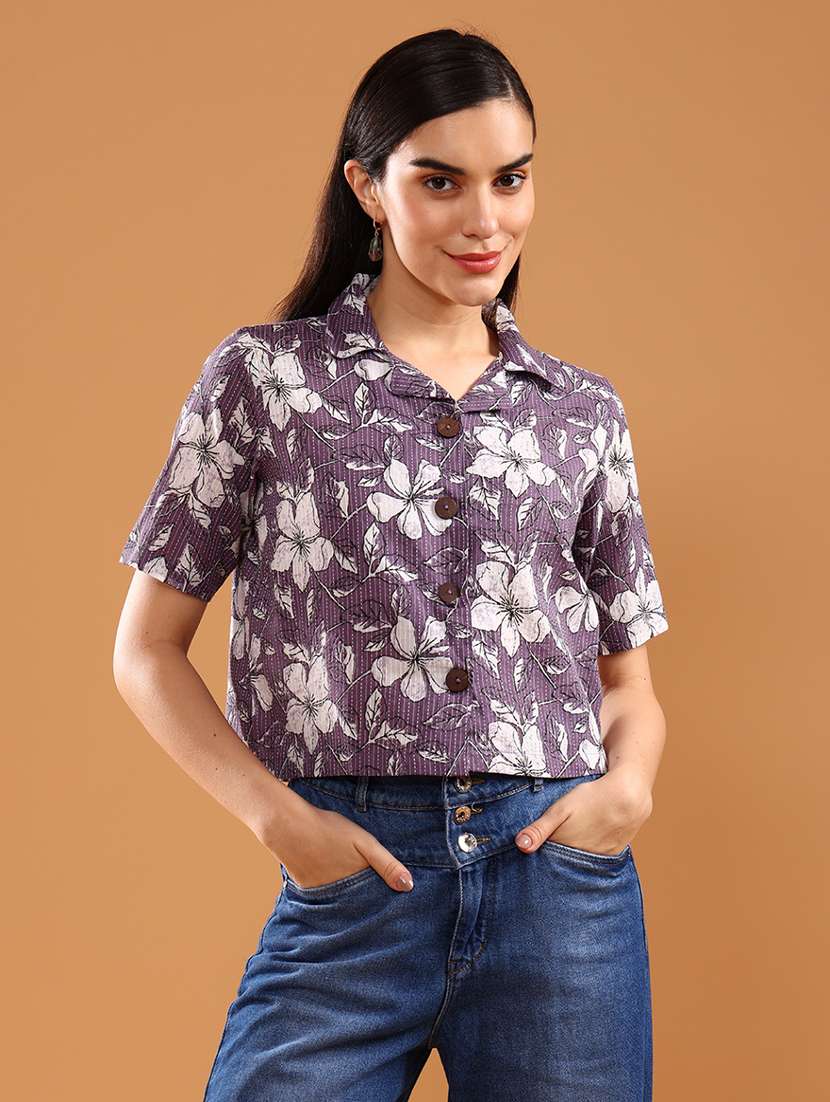women printed collared short sleeve crop shirt