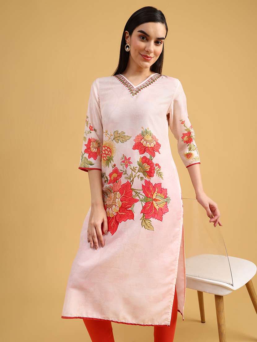 women printed three quarter sleeve straight kurta