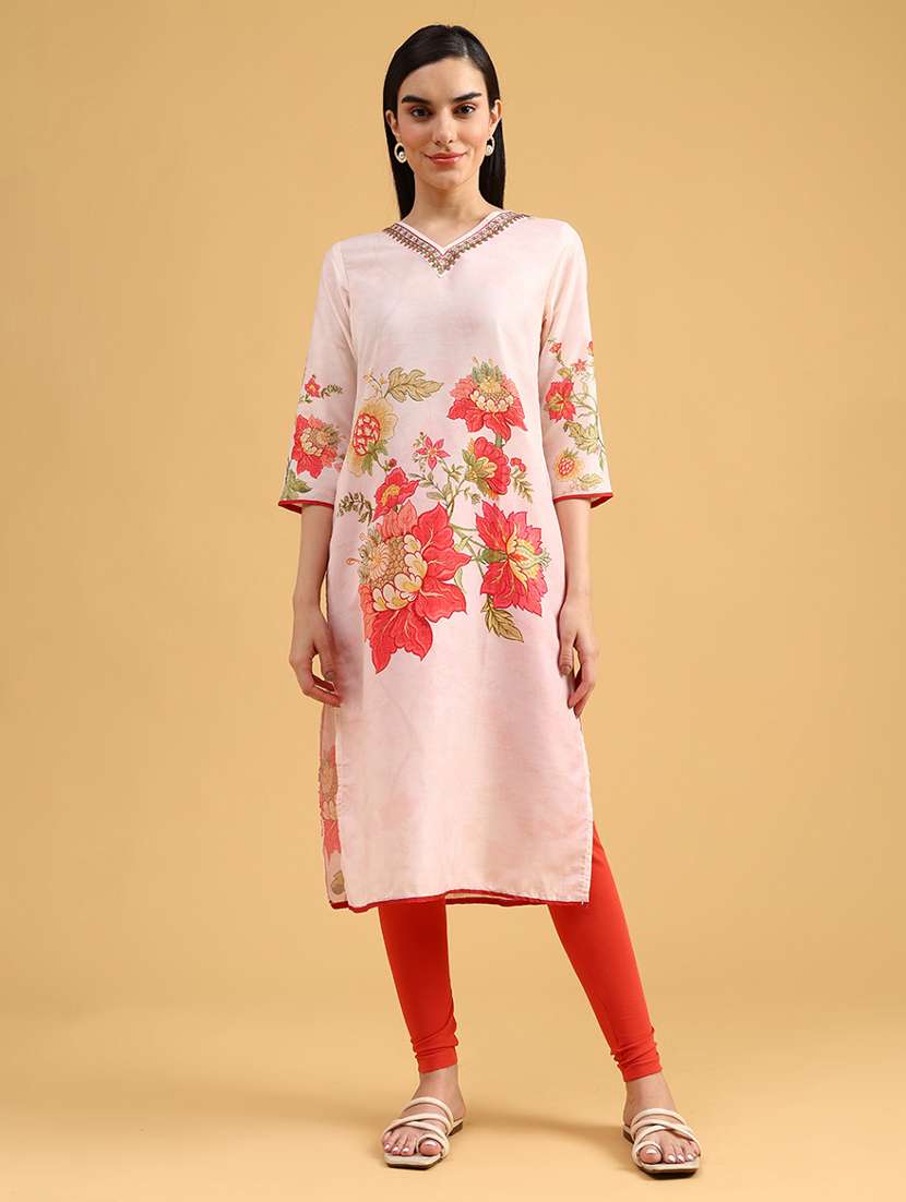 women printed three quarter sleeve straight kurta - 22005210 -  Standard Image - 2