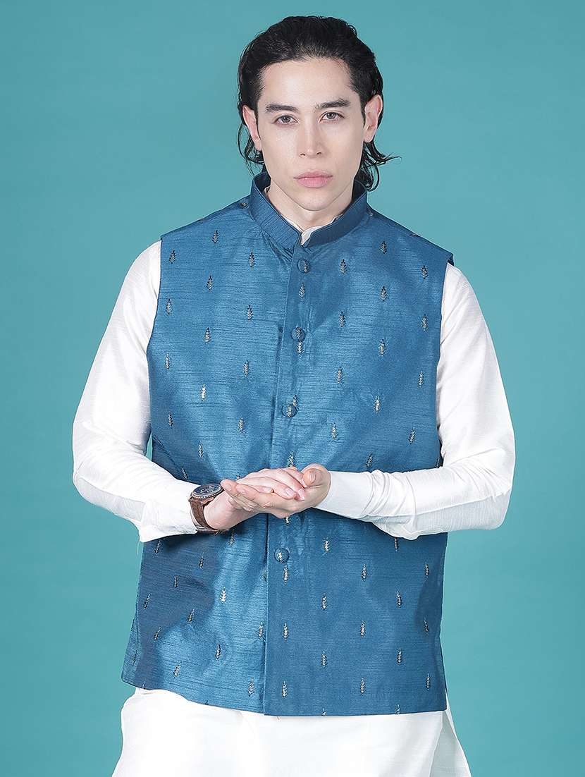 men solid with work mandarin neck regular fit nehru jacket - 22005253 -  Standard Image - 2