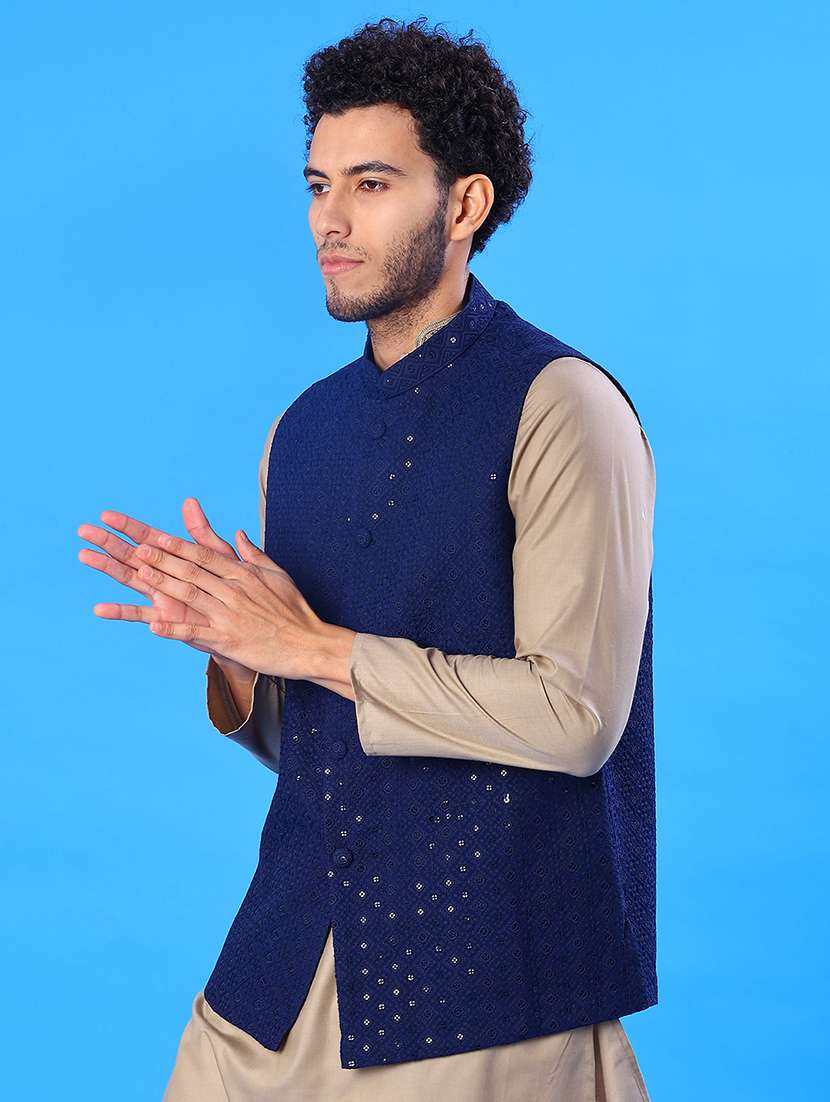 men solid with work mandarin neck regular fit nehru jacket - 22005255 -  Standard Image - 2