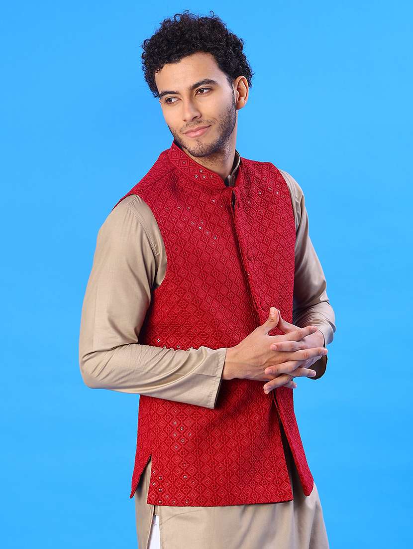 men solid with work mandarin neck regular fit nehru jacket - 22005256 -  Standard Image - 2