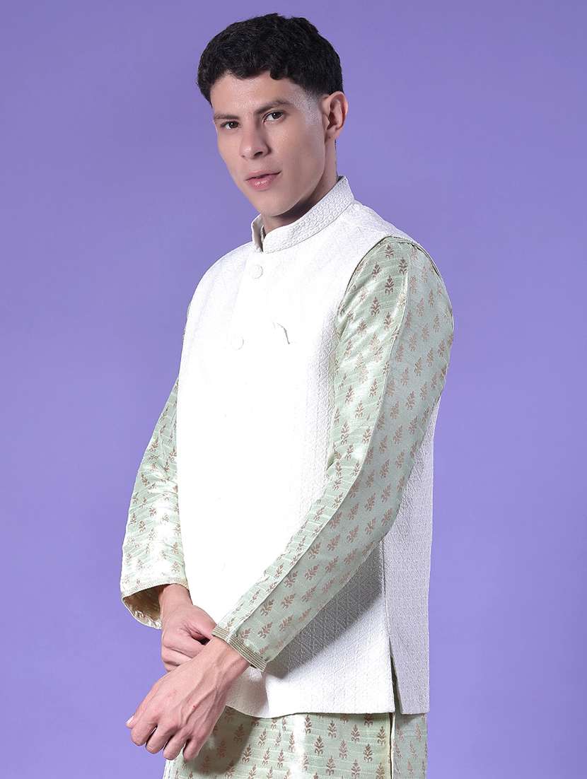 men solid with work mandarin neck regular fit nehru jacket - 22005257 -  Standard Image - 2