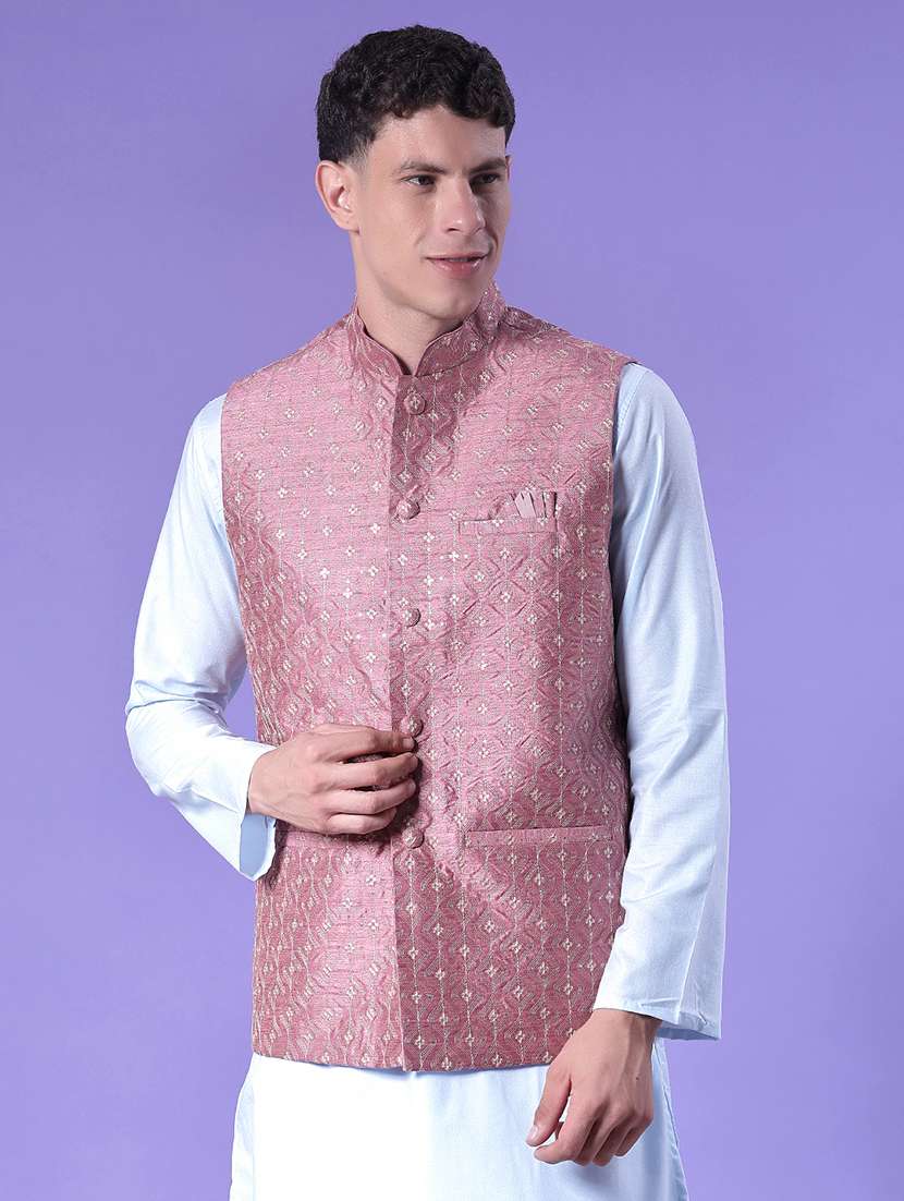 men solid with work mandarin neck regular fit nehru jacket - 22005260 -  Standard Image - 2