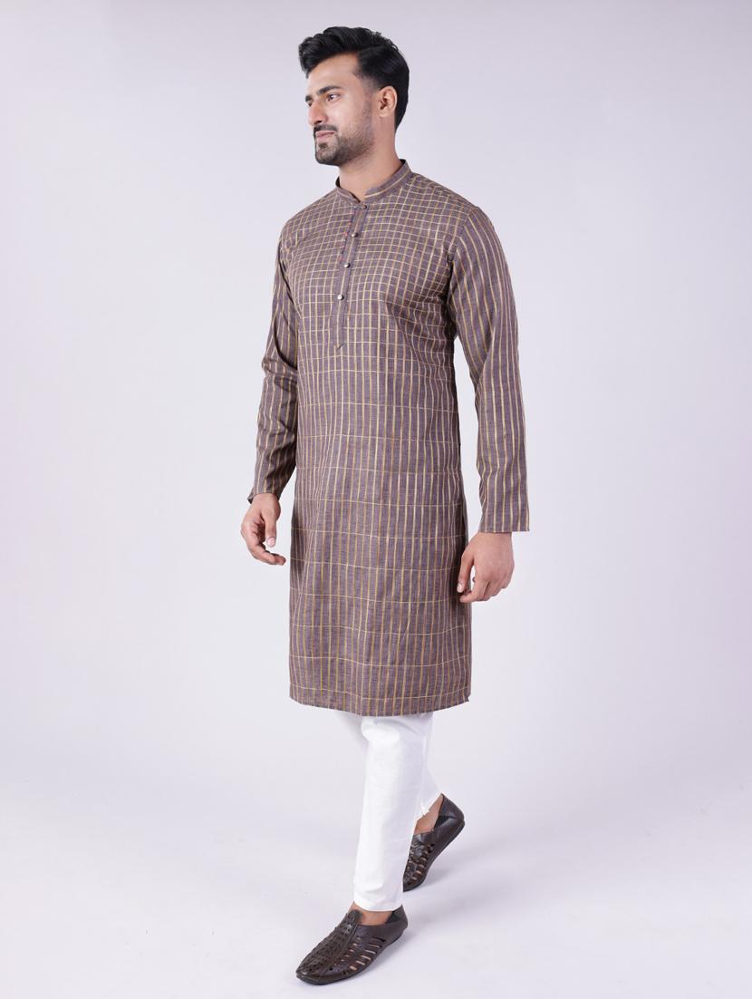 men checkered mandarin neck kurta pyjama ethnic wear set - 22005495 - Standard Image - 2