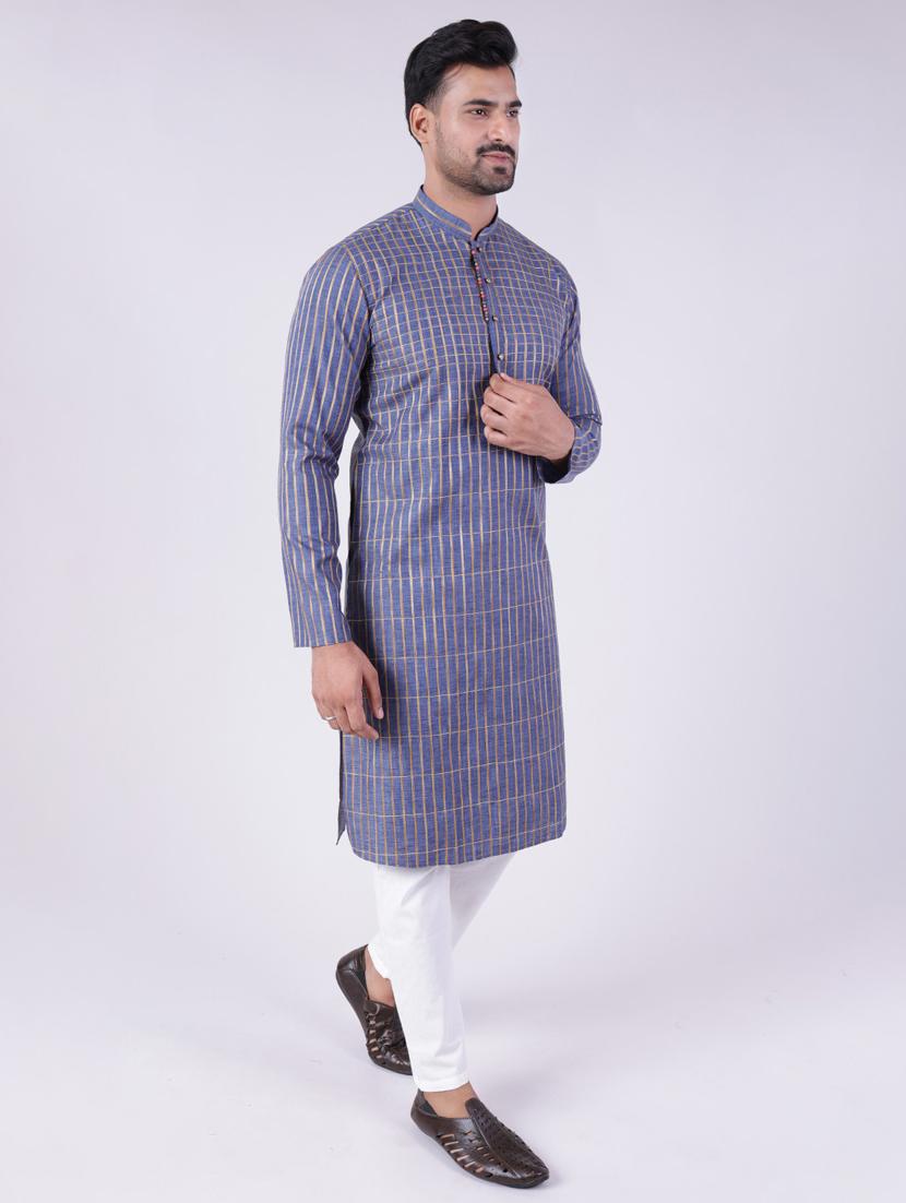 men checkered mandarin neck kurta pyjama ethnic wear set - 22005496 - Standard Image - 2