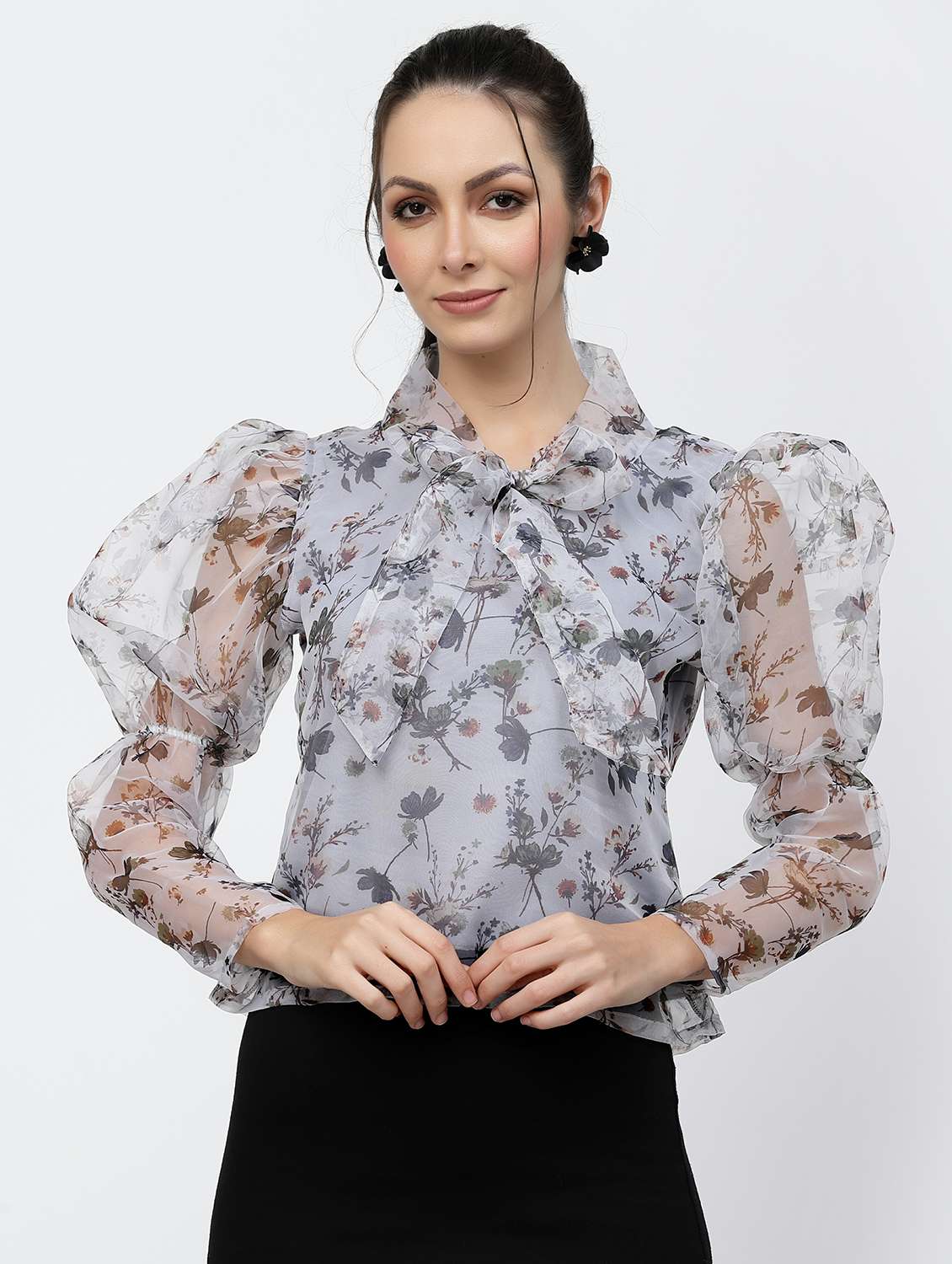women floral print puff sleeve regular top