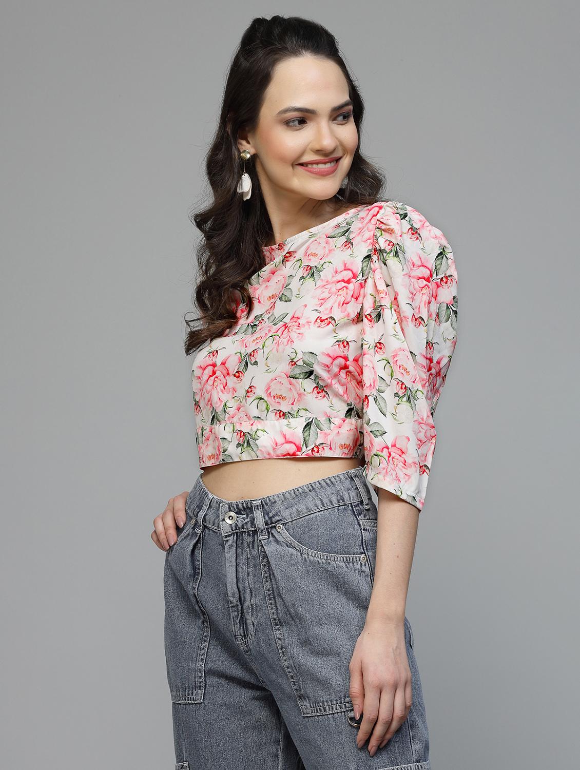 women floral print puff sleeve tie back top - 22006040 - Standard Image - 2