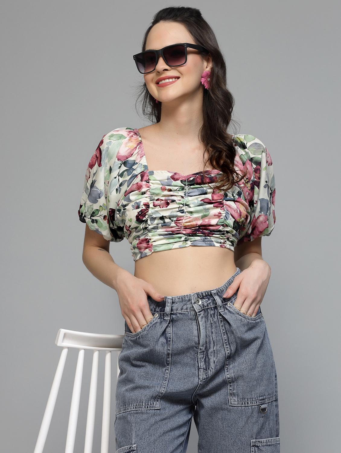 women printed puff sleeve crop top - 22006042 -  Zoom Image - 0