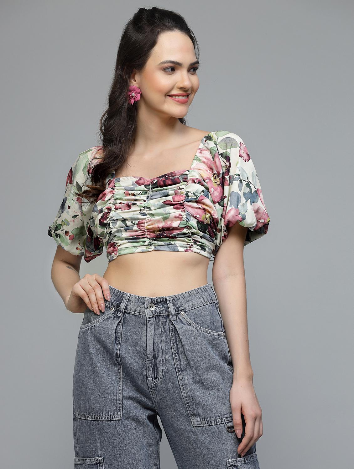 women printed puff sleeve crop top - 22006042 - Standard Image - 2