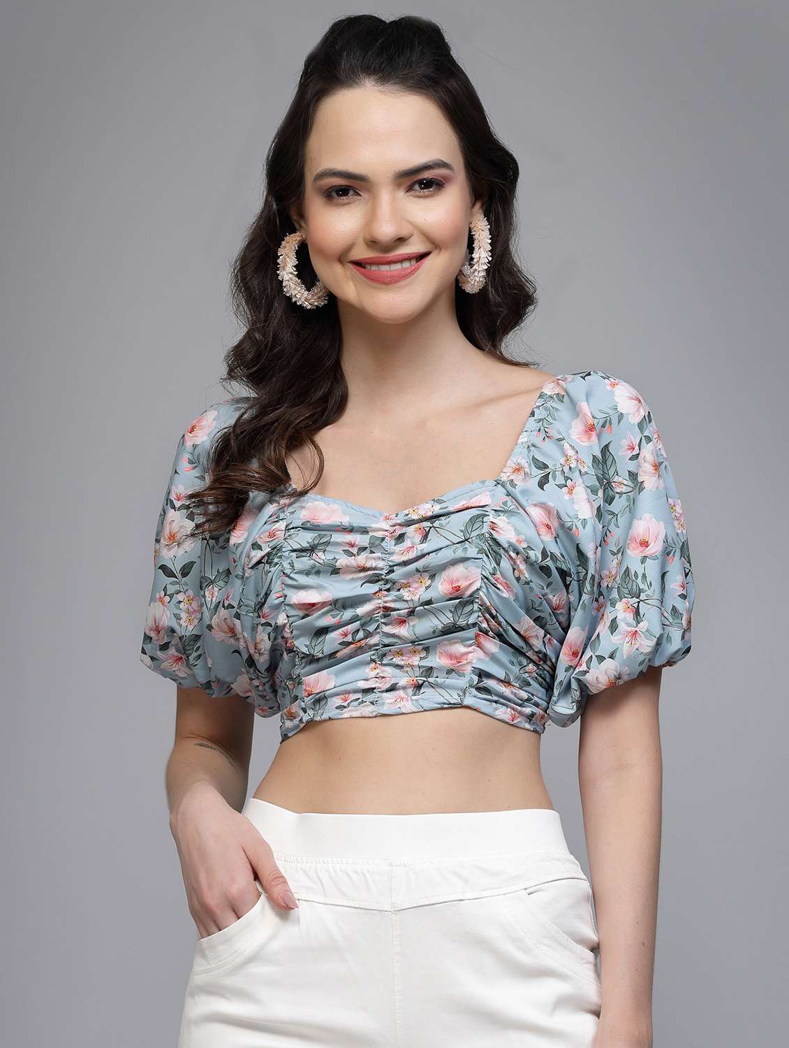 women printed puff sleeve crop top