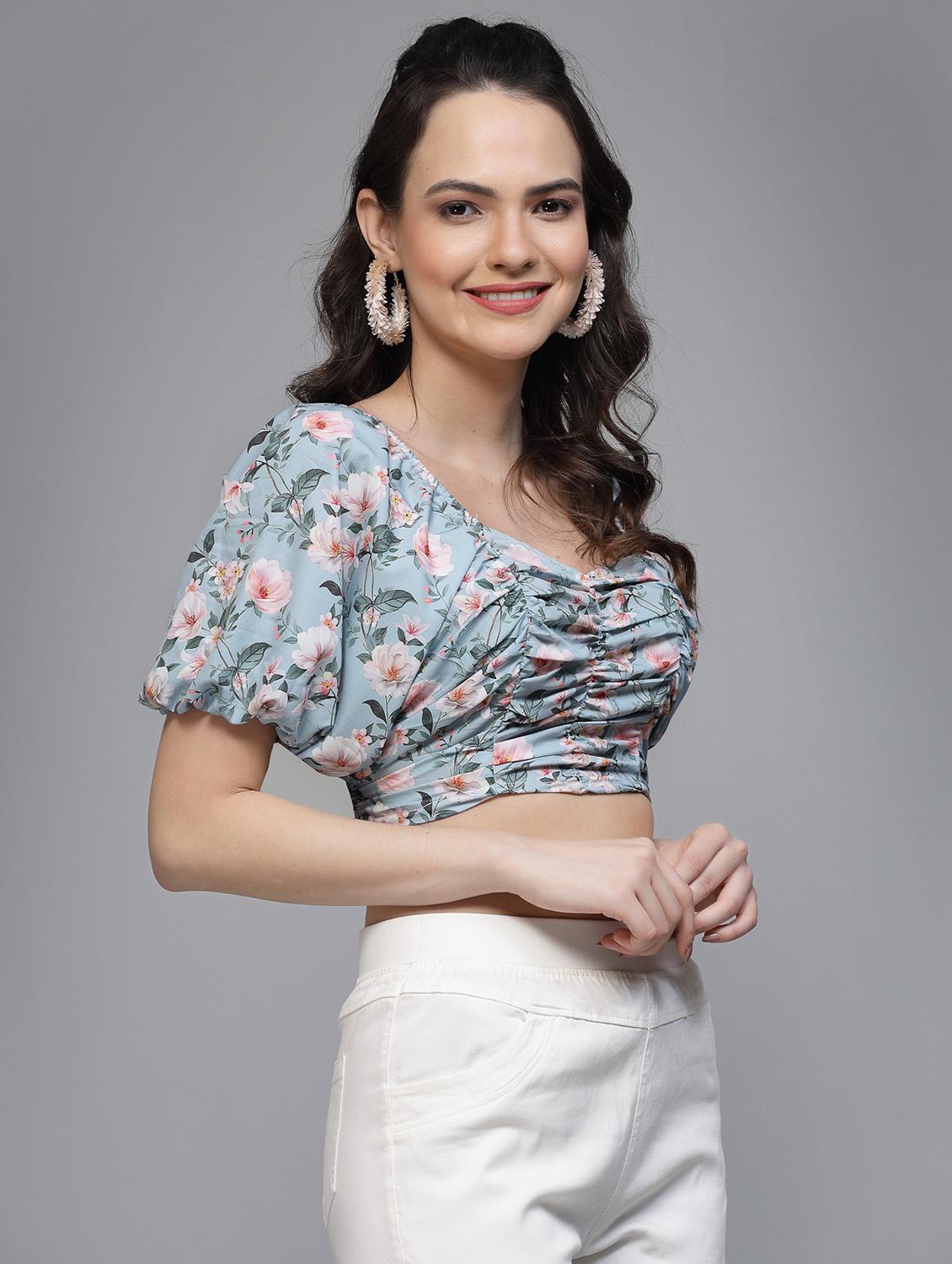 women printed puff sleeve crop top - 22006043 - Standard Image - 2
