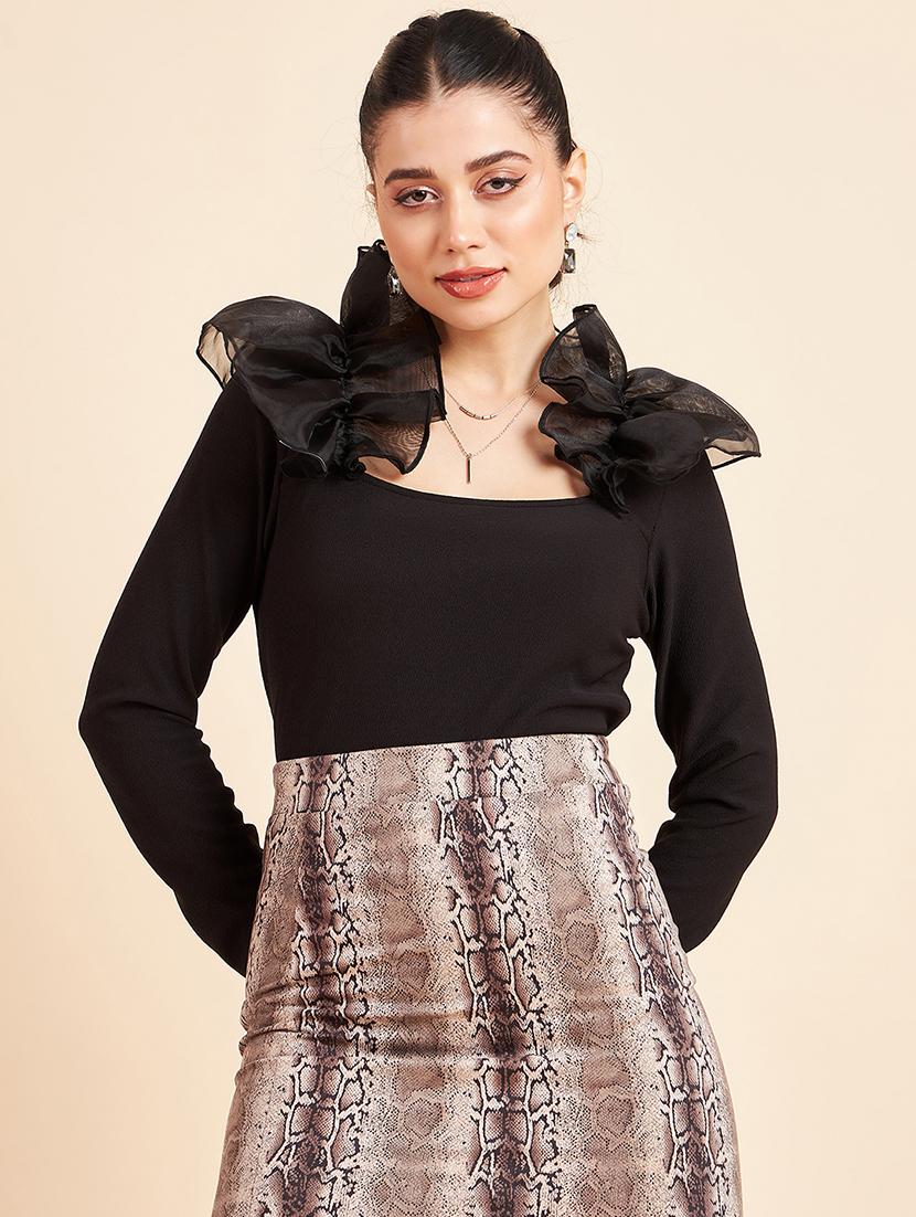women solid ruffled neck long sleeve top - 22006044 - Zoom Image - 0