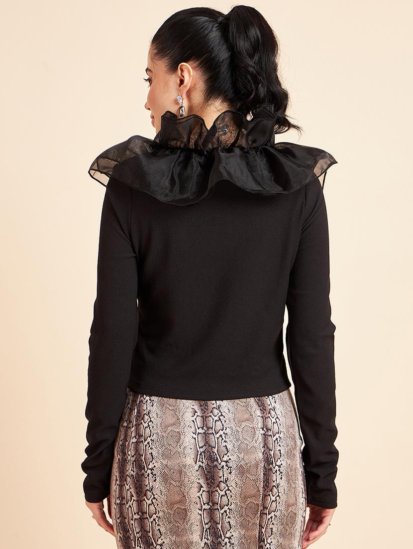 women solid ruffled neck long sleeve top - 22006044 - Standard Image - 2