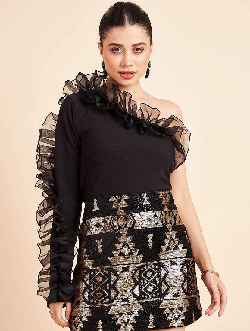 women solid single shoulder ruffled sleeve top