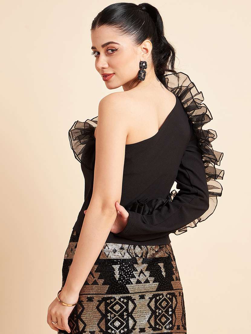 women solid single shoulder ruffled sleeve top - 22006045 -  Standard Image - 2