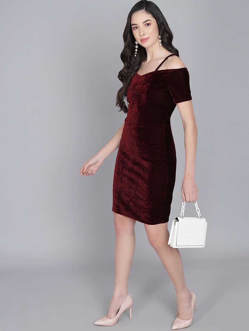 women solid cold sholuder slim fit bodycon mini dress