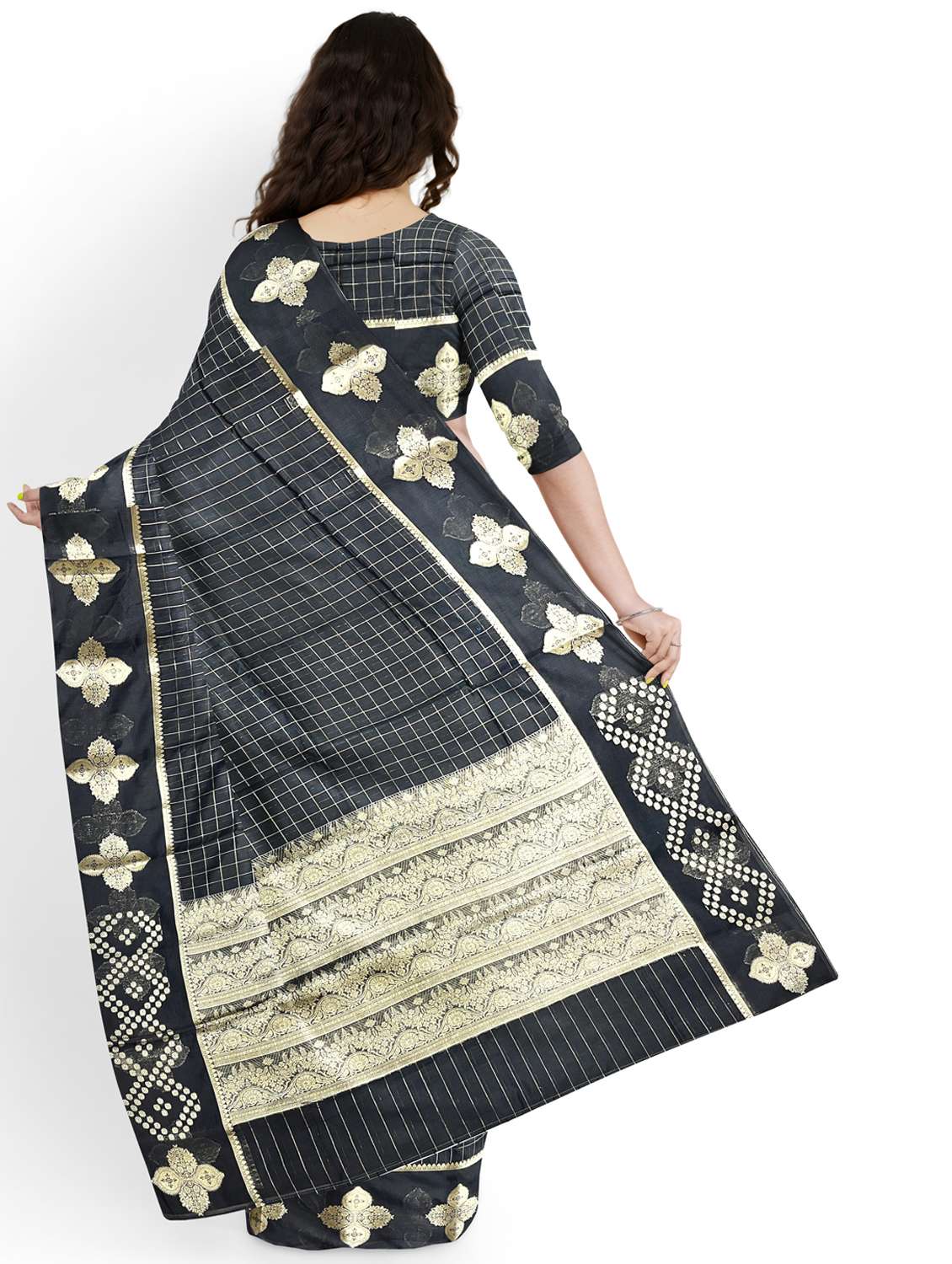 women checkered bordered saree with blouse - 22006262 -  Standard Image - 2