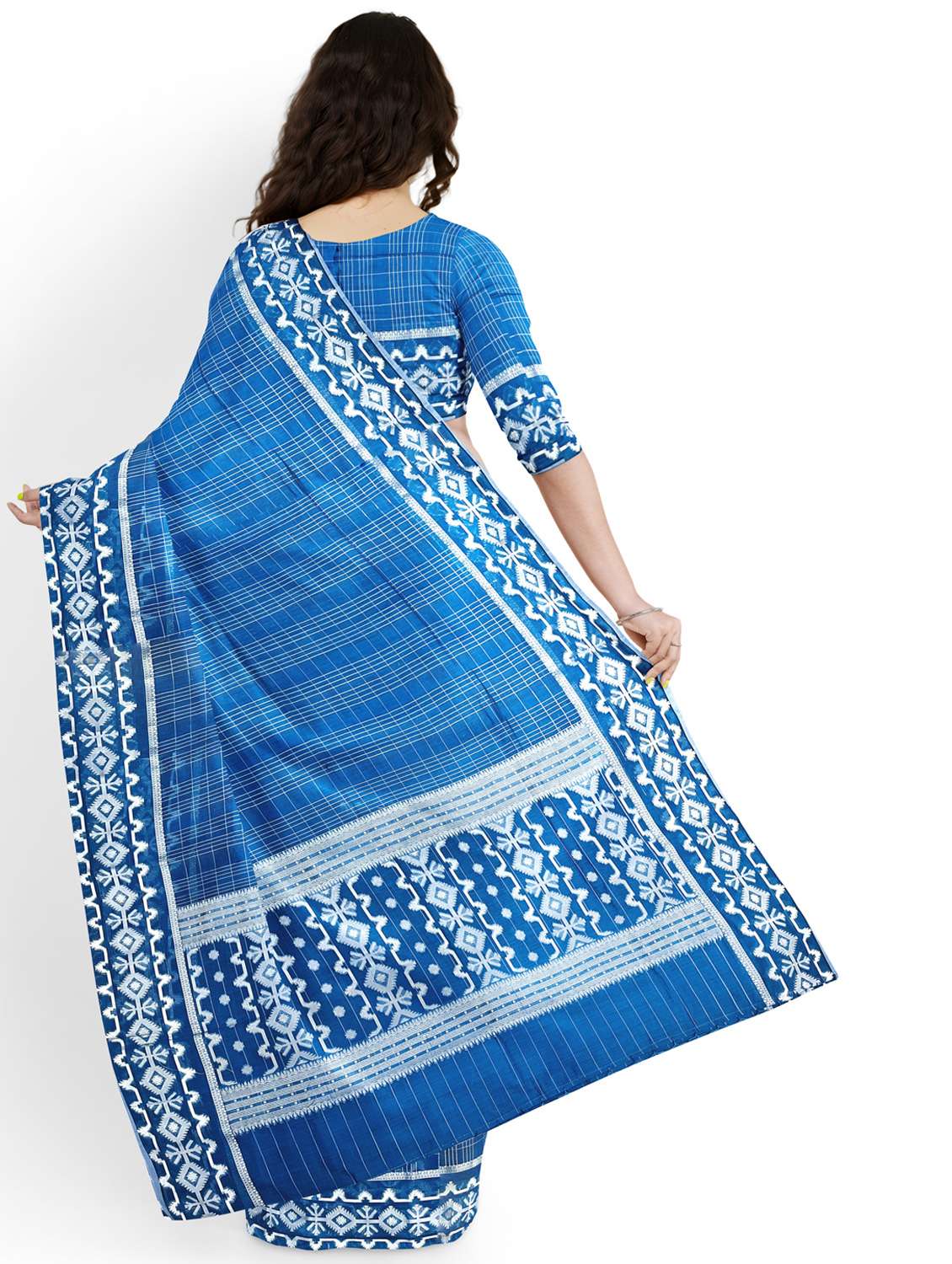 women checkered bordered saree with blouse - 22006264 -  Standard Image - 2