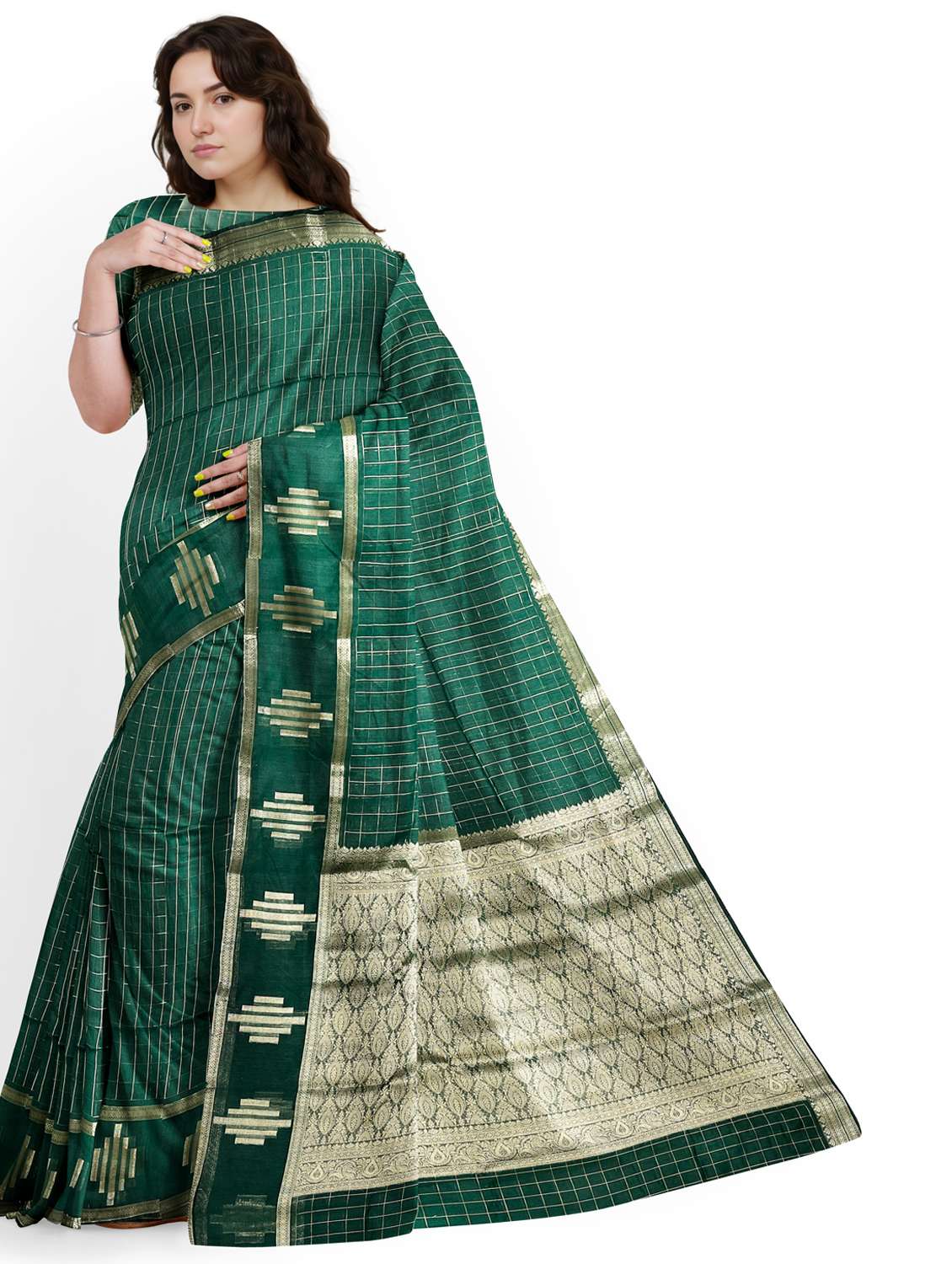 women checkered bordered saree with blouse - 22006266 -  Standard Image - 2