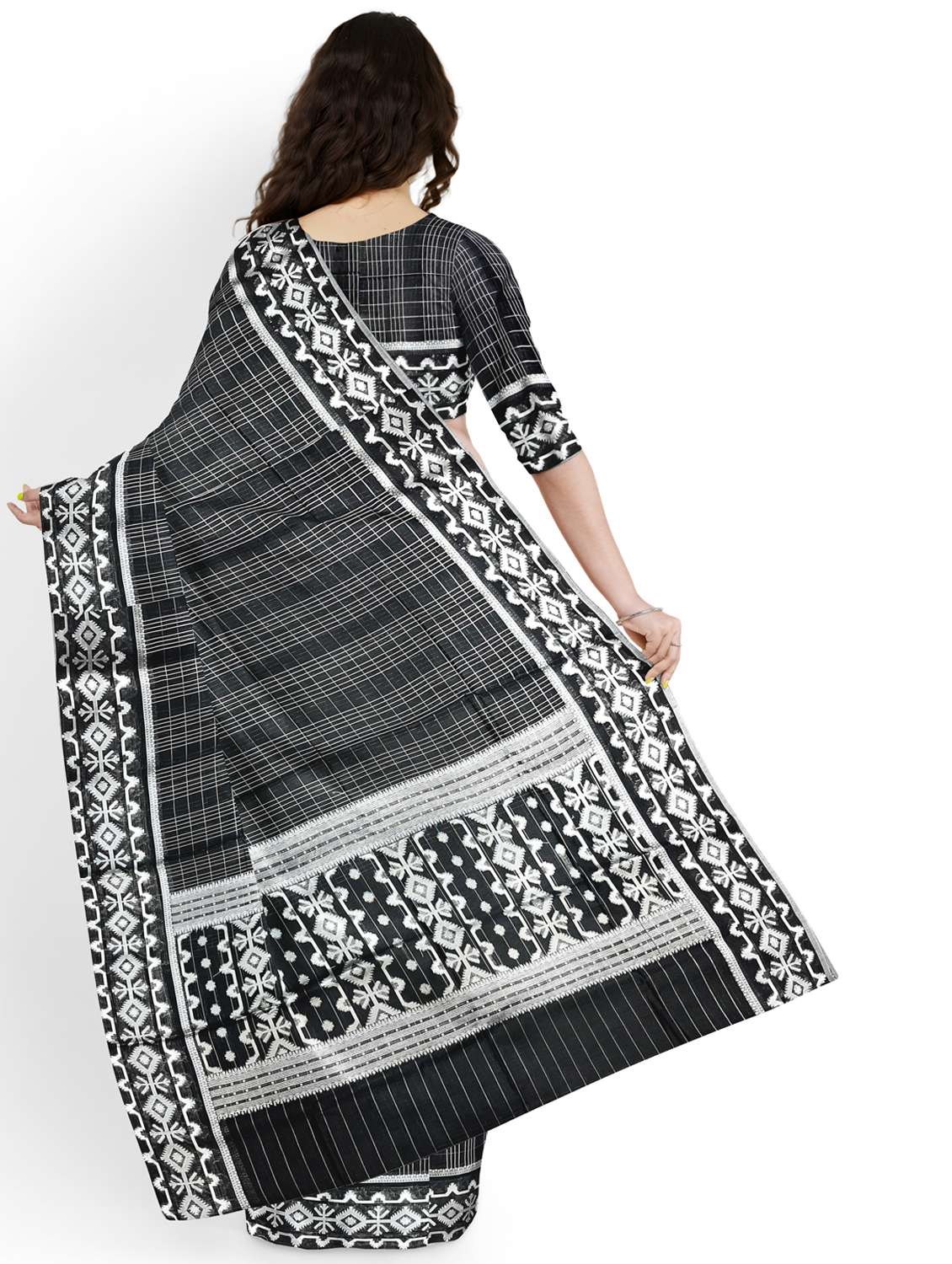 women checkered bordered saree with blouse - 22006267 -  Standard Image - 2
