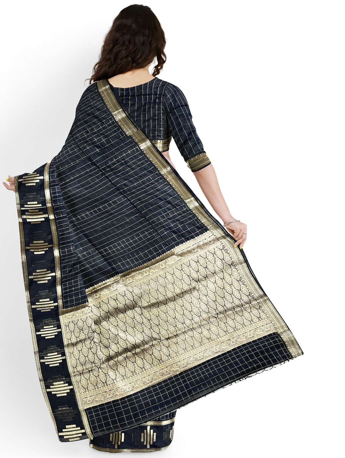women checkered bordered saree with blouse - 22006268 -  Standard Image - 2