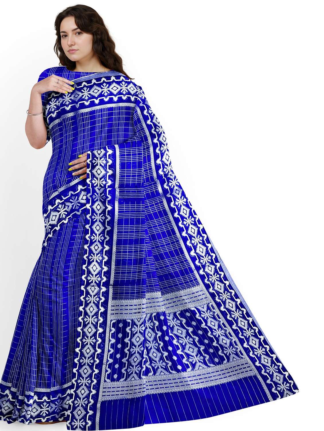women checkered bordered saree with blouse - 22006273 -  Standard Image - 2
