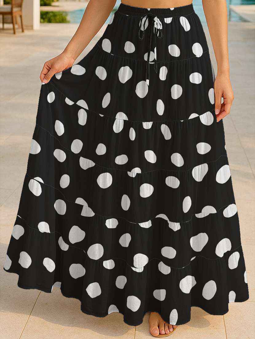 women polka dot printed high rise maxi tiered skirt
