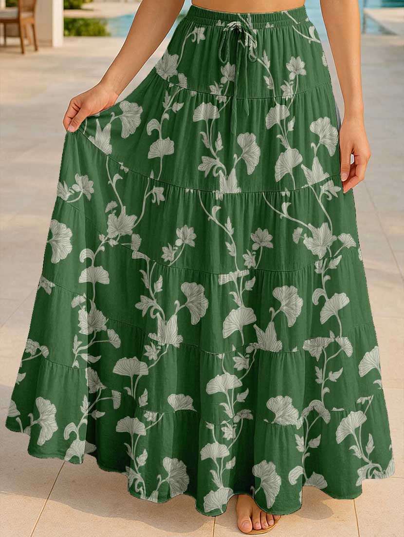 women floral printed high rise maxi tiered skirt