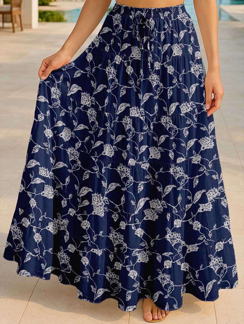 women floral printed high rise maxi tiered skirt