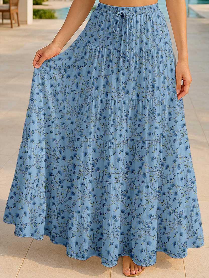 women floral printed high rise maxi tiered skirt