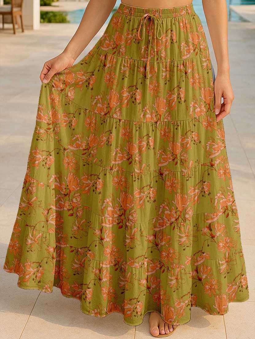 women floral printed high rise maxi tiered skirt