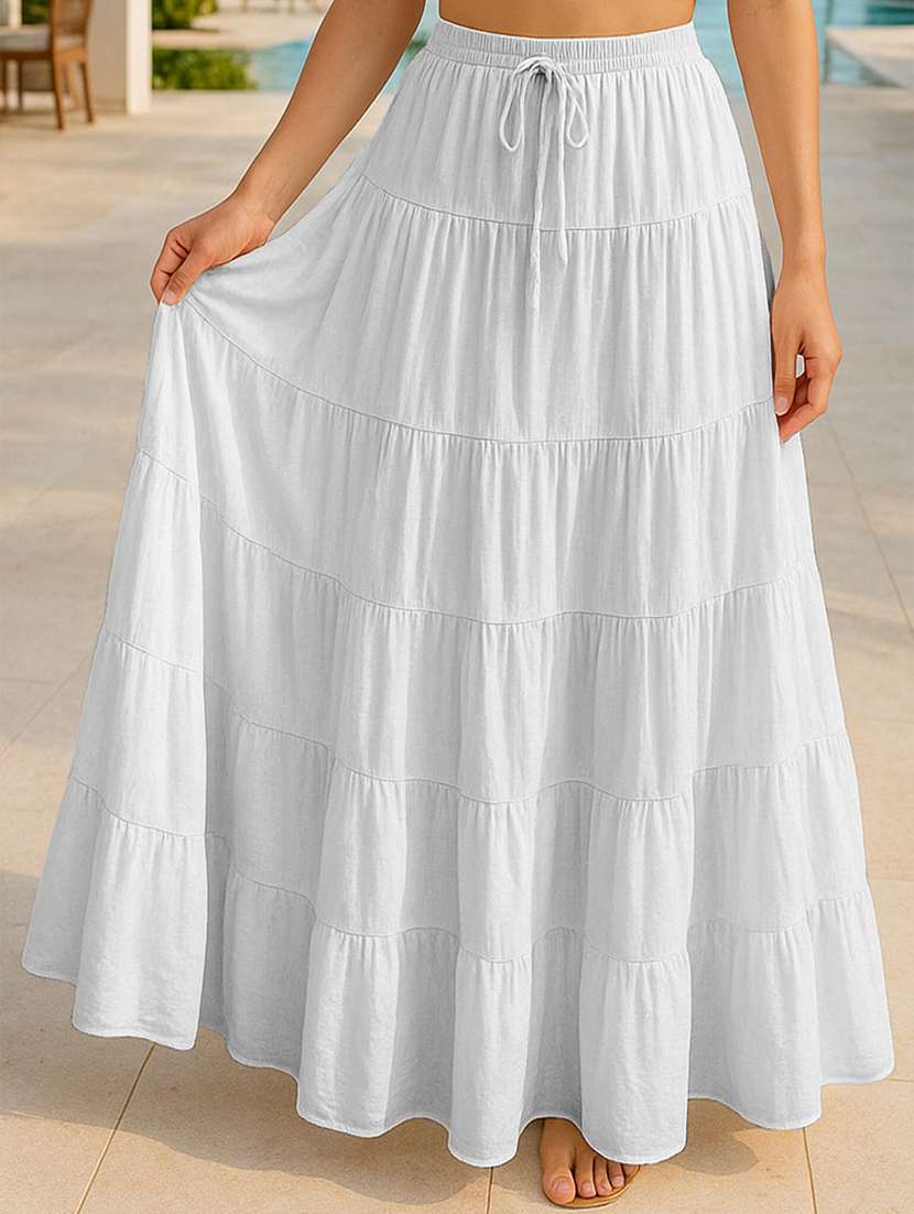 women solid high rise maxi tiered skirt