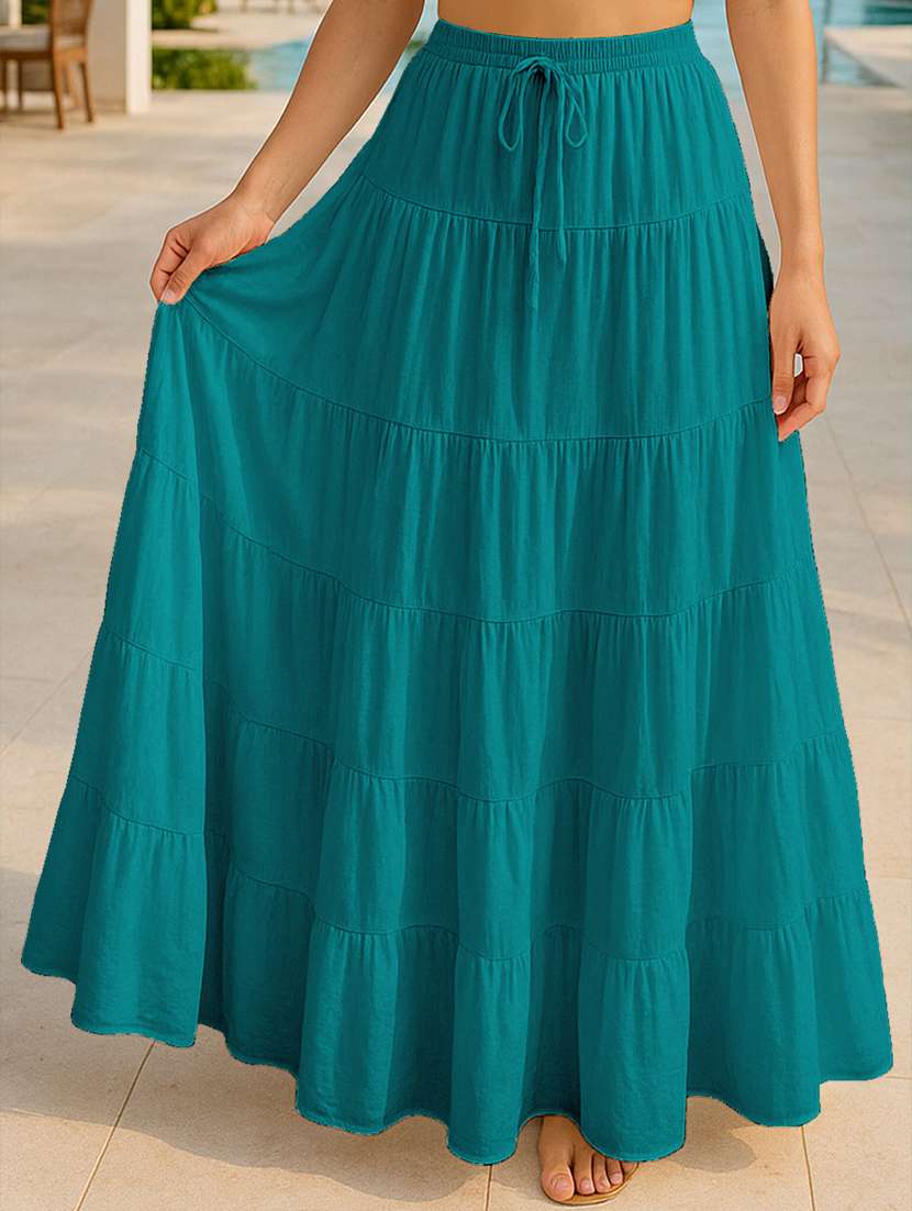 women solid high rise maxi tiered skirt